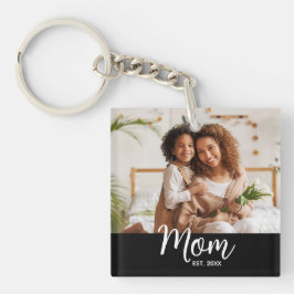 Photo Mom Established Date White Script on Black Schlüsselanhänger