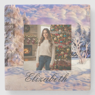 Photo Name Winter Scenery Purple Pink Watercolor  Steinuntersetzer