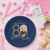 Photo Navy Blue Gold Elegant Custom 80th Birthday  Pappteller (Party)