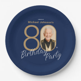 Photo Navy Blue Gold Elegant Custom 80th Birthday  Pappteller