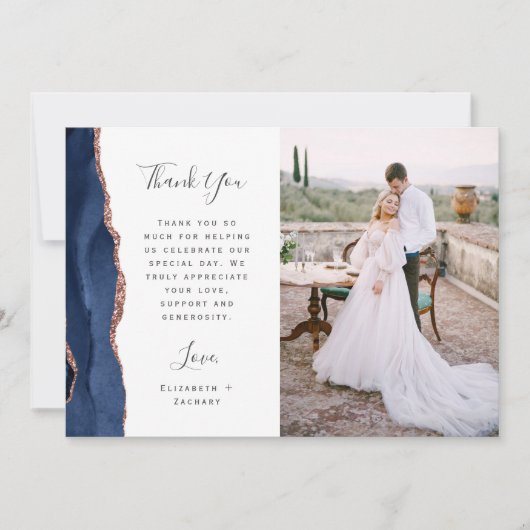 Photo Navy Blue Rose Gold Agate Script Wedding Dankeskarte (Vorderseite)