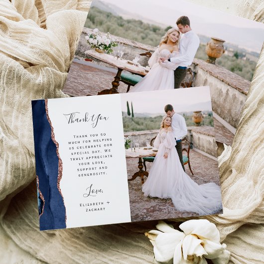 Photo Navy Blue Rose Gold Agate Script Wedding Dankeskarte