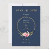 Photo Navy Elegant Pink Garland Wreath Wedding Save The Date (Vorderseite)