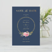 Photo Navy Elegant Pink Garland Wreath Wedding Save The Date (Stehend Vorderseite)
