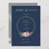 Photo Navy Elegant Pink Garland Wreath Wedding Save The Date (Vorne/Hinten)