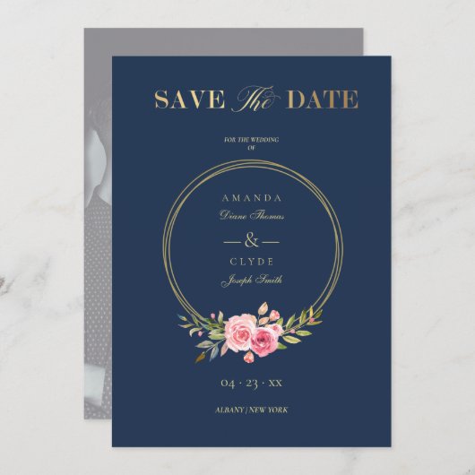 Photo Navy Elegant Pink Garland Wreath Wedding Save The Date (Vorne/Hinten)