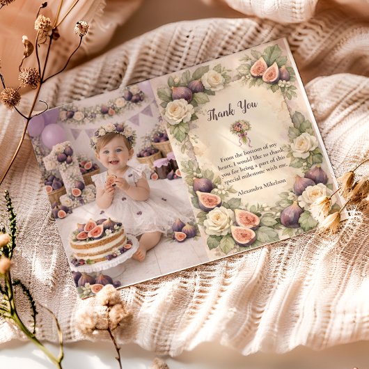 Photo Neutral Fig Floral 1st Birthday Dankeskarte