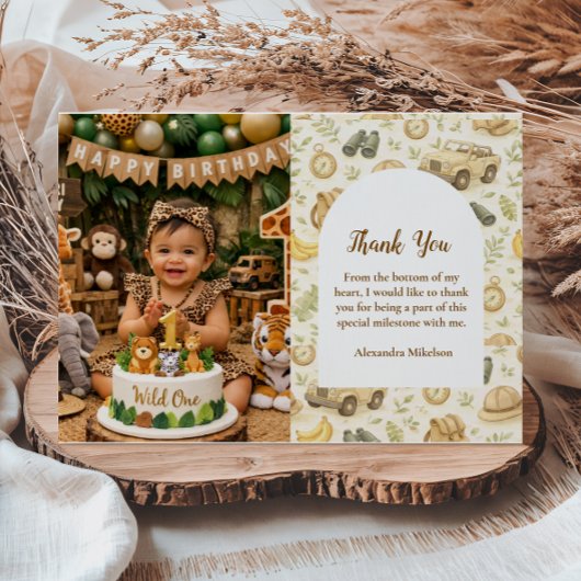 Photo Neutral Safari Animals Wild One First Birthd Dankeskarte