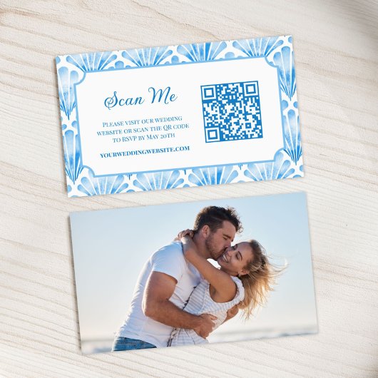 Photo Online RSVP QR Code Blue Seashell Watercolor Begleitkarte