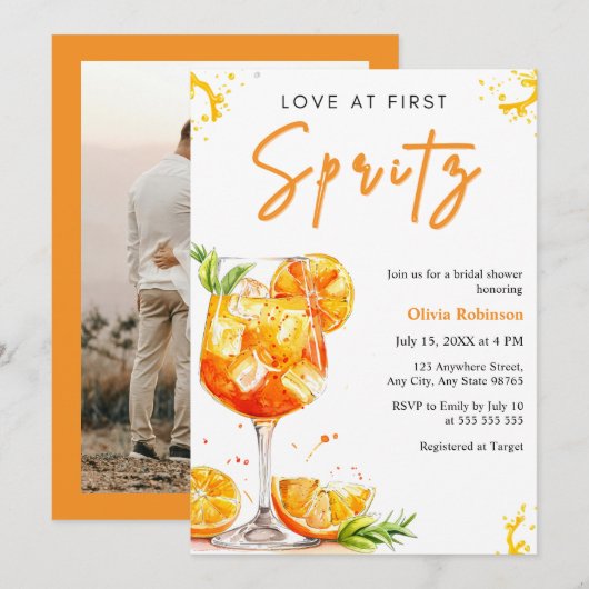 Photo Orange Love at First Spritz Bridal Shower Einladung (Vorne/Hinten)