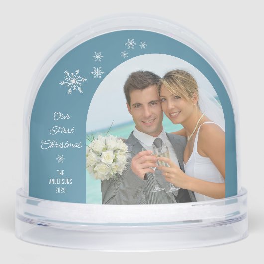 Photo Our First Christmas Elegant Script Newlywed Schneekugeln (Vorderseite)