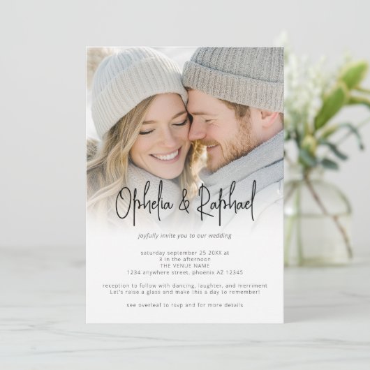 Photo Overlay Informal Script QR Code Wedding Einladung (Stehend Vorderseite)