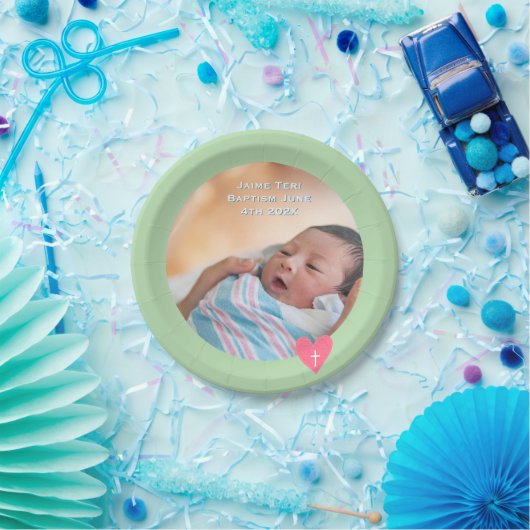 Photo Paper Plate Baptism Green Shower Pappteller (Party)