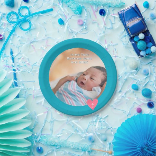 Photo Paper Plate Baptism Teal Blue Shower Pappteller (Party)