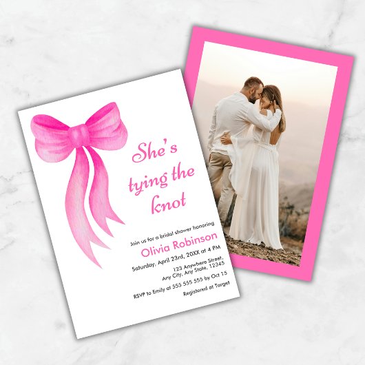 Photo Pink Bow She's Tying the Knot Bridal Shower Einladung