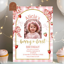 Photo Pink Bow Strawberry Berry Sweet 1st Birthday