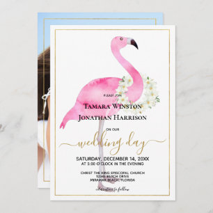 Photo Pink Flamingo Magnolias Beach Wedding Einladung