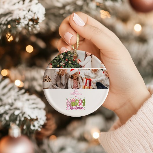 Photo Pink Green Bow Tree Merry Christmas Keramik Ornament