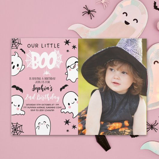 Photo Pink Halloween Birthday – Our Little Boo Einladung