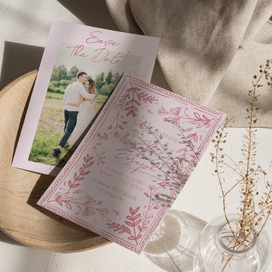 Photo Pink Hand Drawn Floral Garden Save The Date