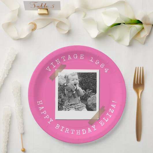 Photo Polaroid Vintage Hot Pink Birthday Pappteller (Hochzeit)
