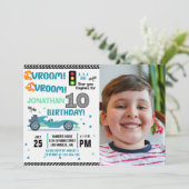Photo Race Car • 10th Birthday Boy Einladung (Stehend Vorderseite)
