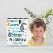 Photo Race Car • 8th Birthday Boy Einladung (Stehend Vorderseite)