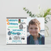 Photo Race Car • 9th Birthday Boy Einladung (Stehend Vorderseite)