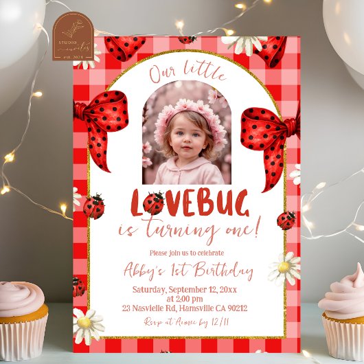Photo Red Plaid Bow Coquette Lovebug Birthday Einladung