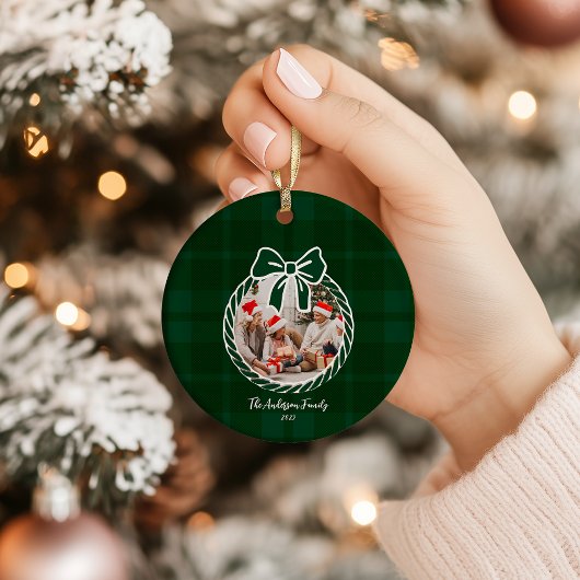 Photo Retro Green Plaid Whimsical Christmas  Keramik Ornament