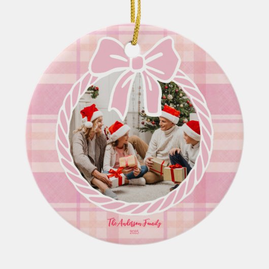 Photo Retro Pink Plaid Whimsical Holiday Keramik Ornament (Vorne)