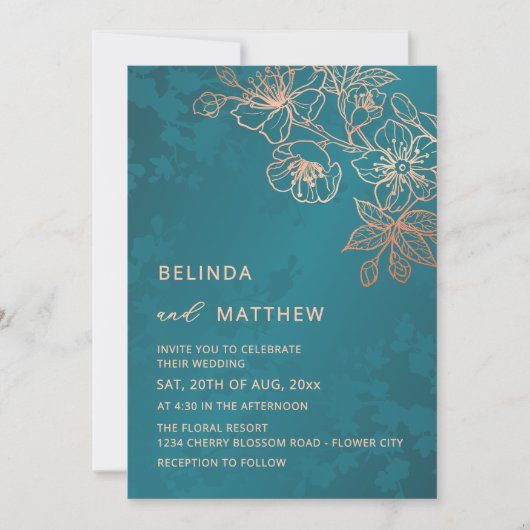 Photo Rose Gold Teal Wedding Einladung (Vorderseite)