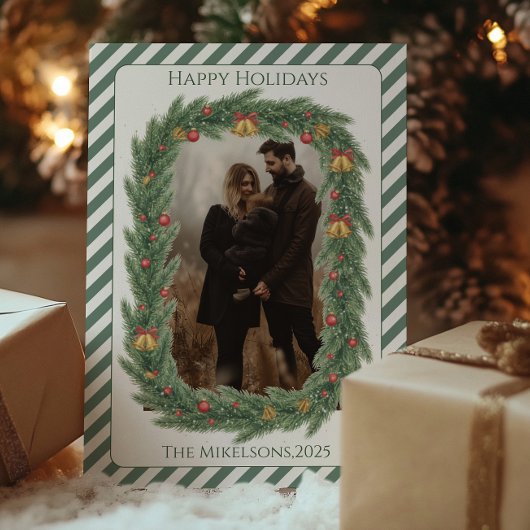 Photo Rustic Evergreen Bell Christmas Feiertagskarte