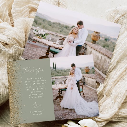 Photo Sage Green Gold Glitter Script Wedding Dankeskarte
