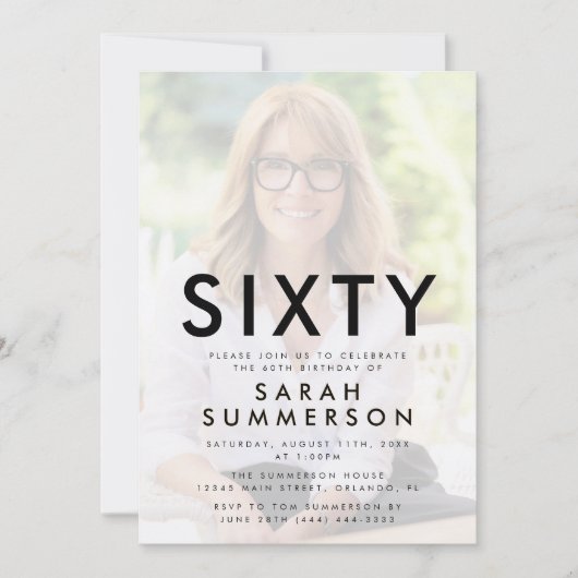 Photo Sixty Black White 60th Birthday Einladung (Vorderseite)