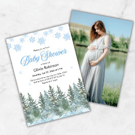 Photo Snowflakes Pine Trees Winter Baby Shower Einladung