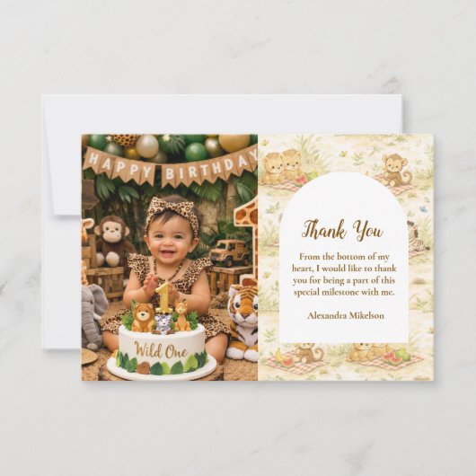 Photo Soft Neutral Jungle Wild One First Birthday Dankeskarte (Vorderseite)