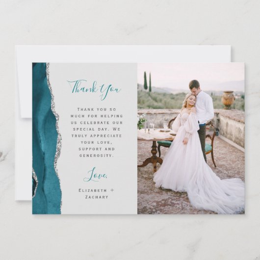 Photo Teal Blue Agate Silver Script Gray Wedding Dankeskarte (Vorderseite)