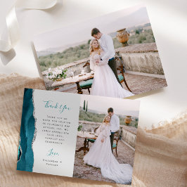 Photo Teal Blue Agate Silver Script Gray Wedding Dankeskarte