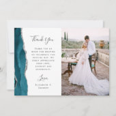 Photo Teal Blue Agate Silver Script Wedding Dankeskarte (Vorderseite)