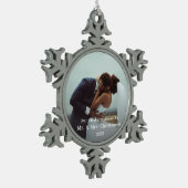 Photo Template Our First Christmas Married Merry Schneeflocken Zinn-Ornament (Links)
