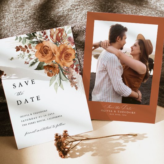 Photo Terracotta Boho Rose Floral Wedding Save The Date