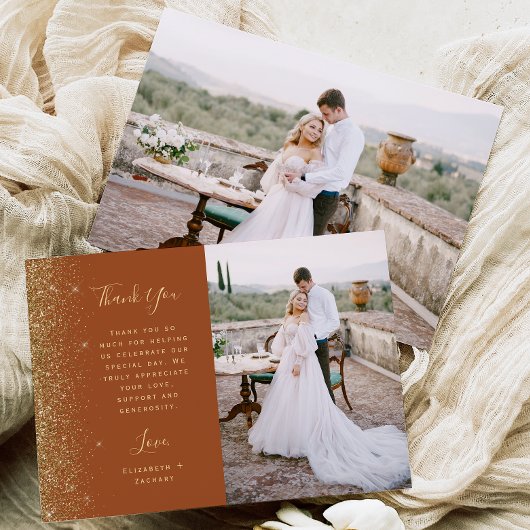 Photo Terracotta Gold Glitter Script Wedding Dankeskarte