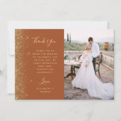 Photo Terracotta Gold Glitter Script Wedding Dankeskarte (Vorderseite)