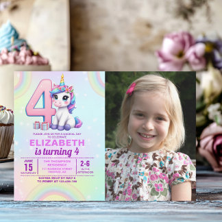 “Photo Unicorn 4th Birthday – Colorful Rainbow  Einladung