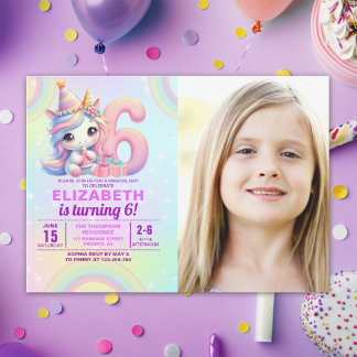 Photo Unicorn 6th Birthday – Rainbow Girl party Einladung