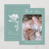 Photo Upload Sage Green Floral Wedding Calligraphy Dankeskarte (Vorne/Hinten)