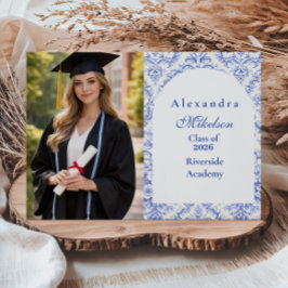 Photo Vintage Blue Botanical Graduation Party Ankündigung