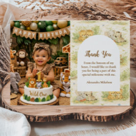 Photo Watercolor Safari Animals First Birthday Dankeskarte