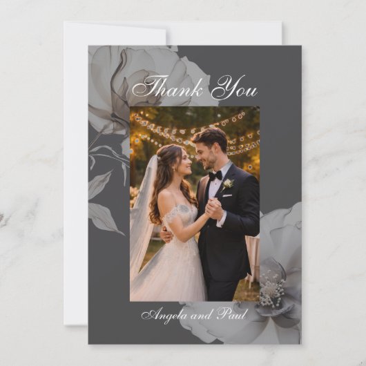 Photo Wedding Flat Thank You Card Dark Grey Roses Dankeskarte (Vorderseite)